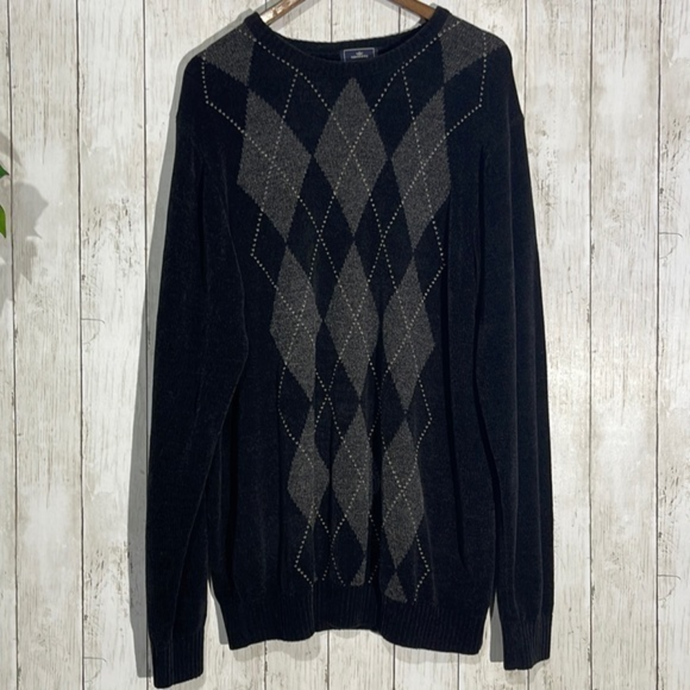 Dockers XLT Argyle Chenille Sweater Mens Black Gray Excellent Tall Knit Pullover